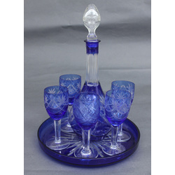 Blue glass set - decanter, tray and 5 glasses