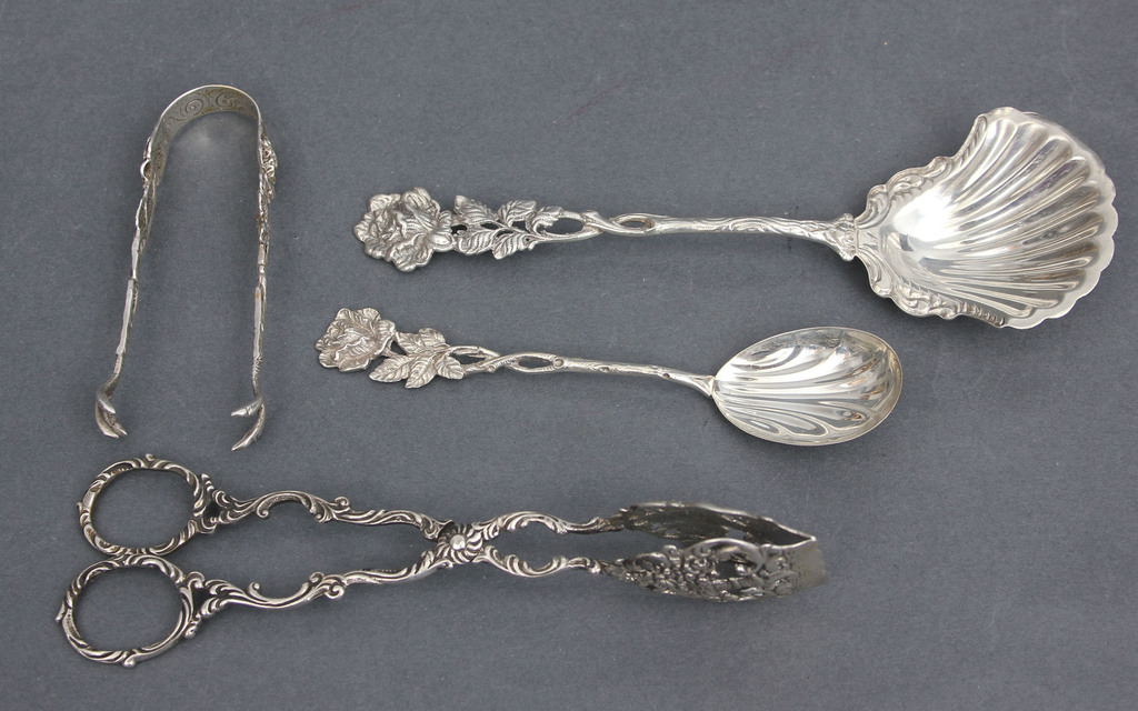Silver dessert cutlery set - 2 spoons, cake tongs and sugar tongs
