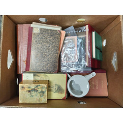 Box with 36 books, 2 paper money, a porcelain can and a wooden box