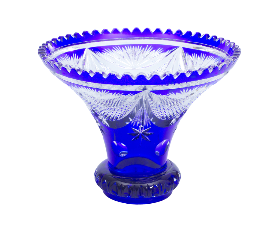 Хрустальная ваза для фруктами с голубым травлением