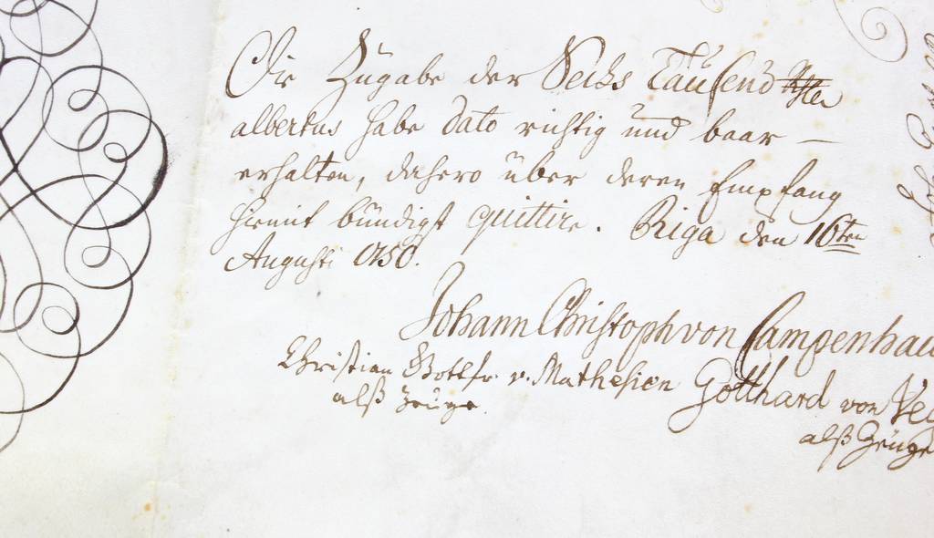 Документ о смене владельца поместья в Лиепае Иоганна Кристофа фон Кампенхаузена