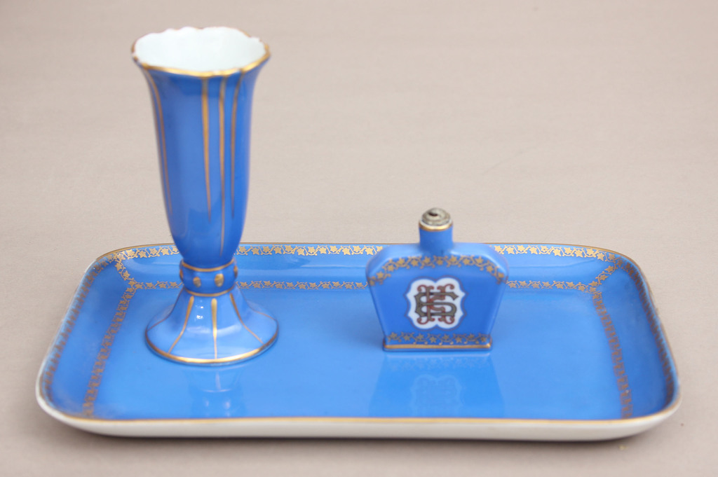 Porcelain set, vase, tray and perfume bottle