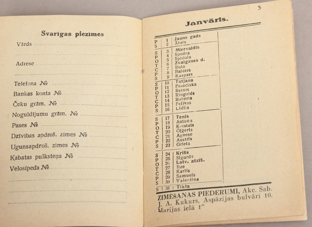J.A. Kukurs, Piezīmju kalendārs 1932