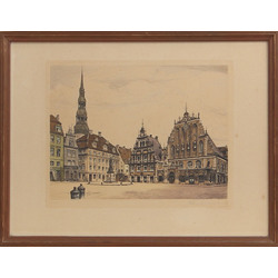4 гравюры с видом на Ригу - Ратушная площадь, панорама Риги, вид на церковь Святого Петра, Пороховая башня