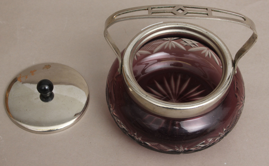 Colored glass sugar bowl with metal finish