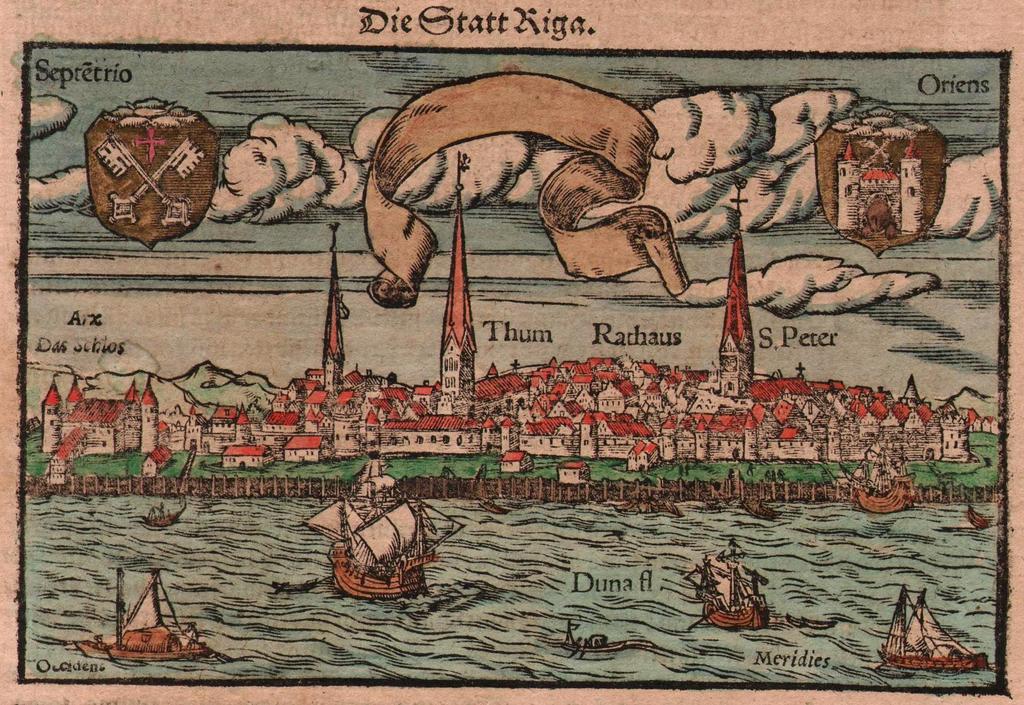 Kokgrebums  „Rīgas panorāma pirms 1547 gada”. Kolorēts