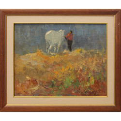 Landscape with a white horse and a girl