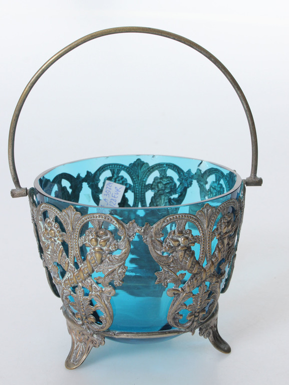 Blue glass candy bowl with metal finish