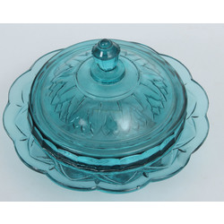Blue glass utensil with lid