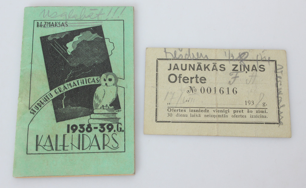 2 шт. - Jaunāko zīnu oferte, studentu grāmatnīcas kalendārs 1938.-1939