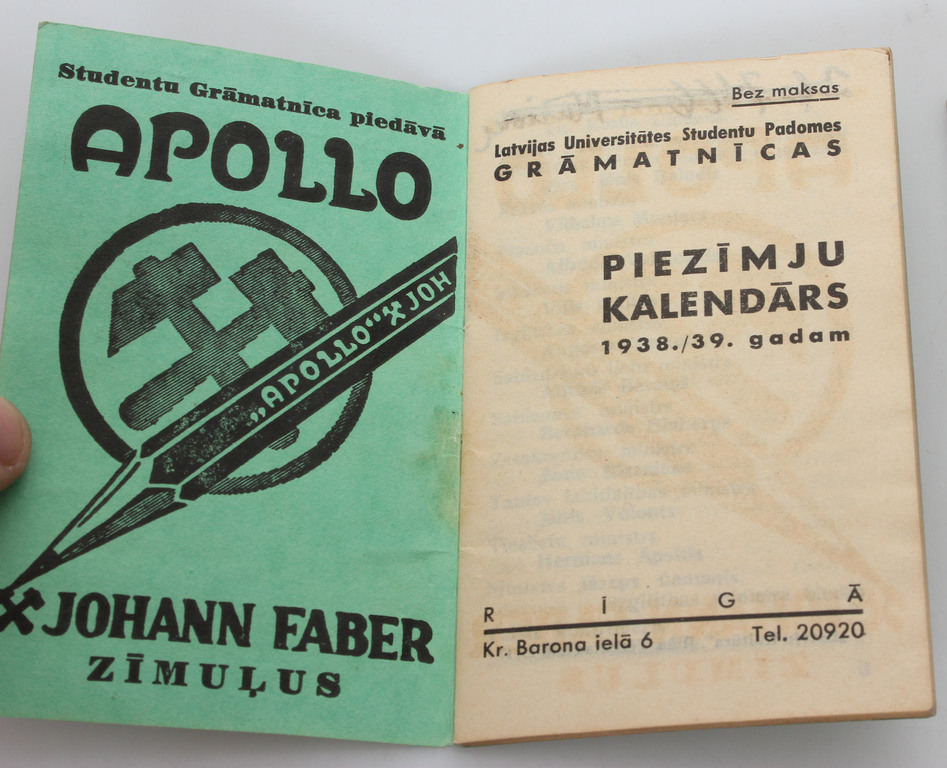 2 pcs. -  Jaunāko zīnu oferte, studentu grāmatnīcas kalendārs 1938.-1939