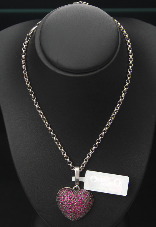 Heart shaped gold pendant with natural rubies and white gold chain