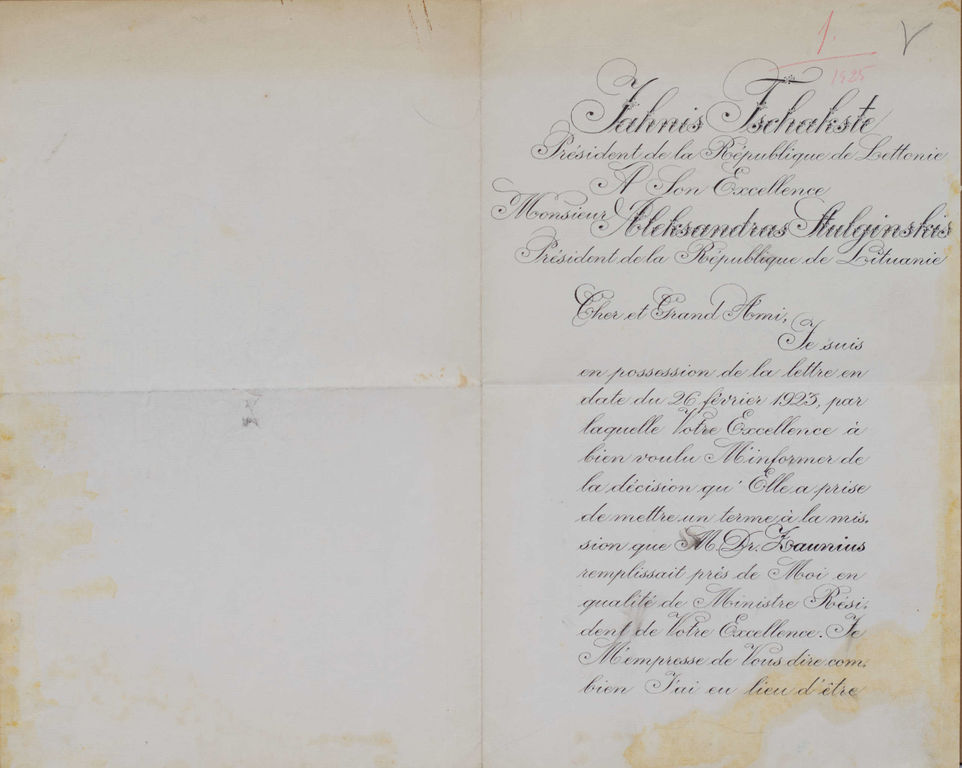 Letter from the First President of the Republic of Latvia Jānis Čakste to the Second President of the Republic of Lithuania Aleksandrs Stulginskis