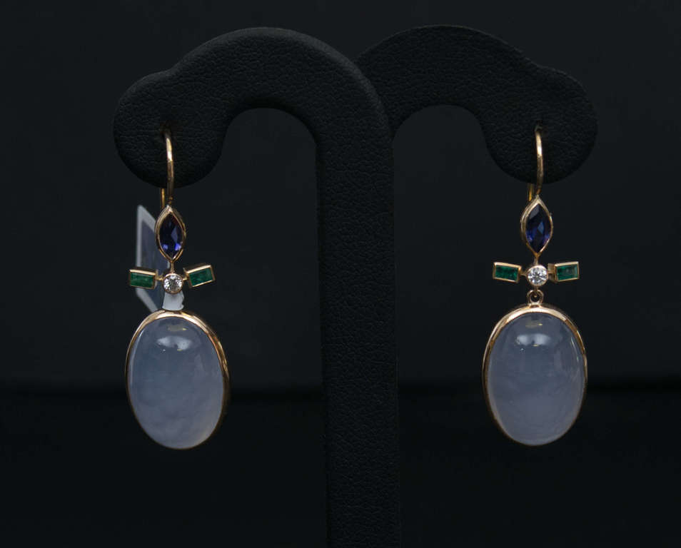 Earrings with diamonds, emeralds, chalcedony, aeolites