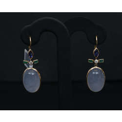 Earrings with diamonds, emeralds, chalcedony, aeolites