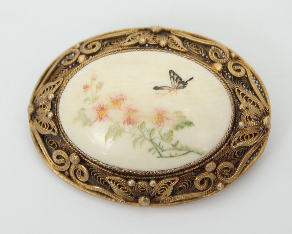 Gilded silver brooch with painted bone 