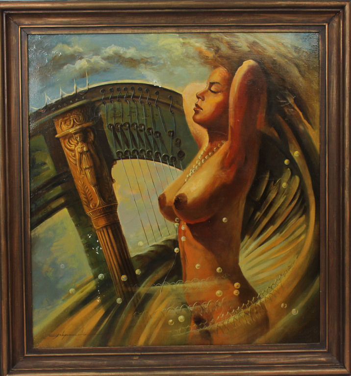 Naked woman with a harp