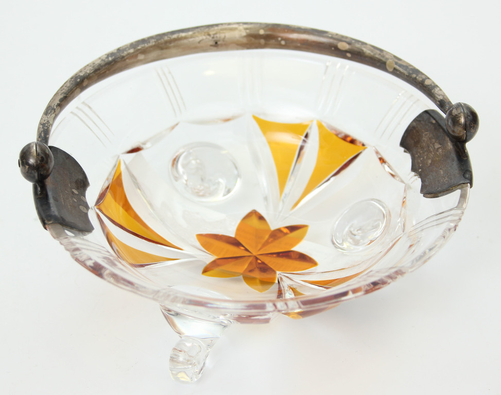 Colored crystal sugar bowl with silver handle