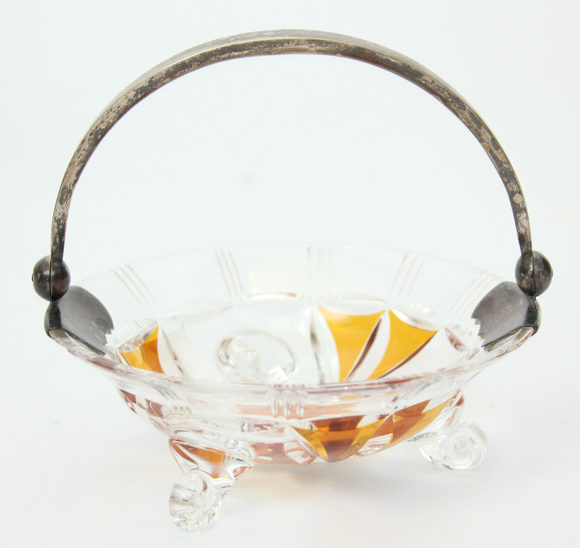 Colored crystal sugar bowl with silver handle