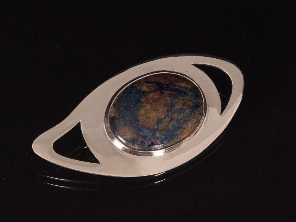 Silver brooch with azurite