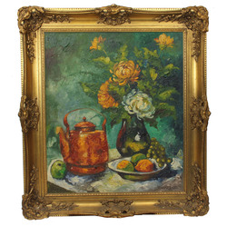 Still life with flowers and a copper jug