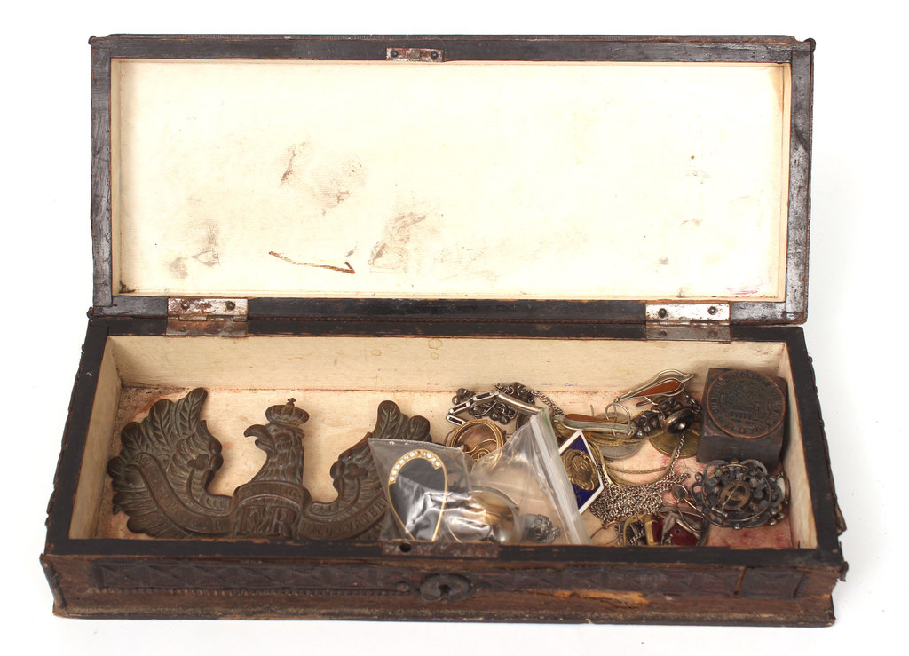 Wooden box with various items