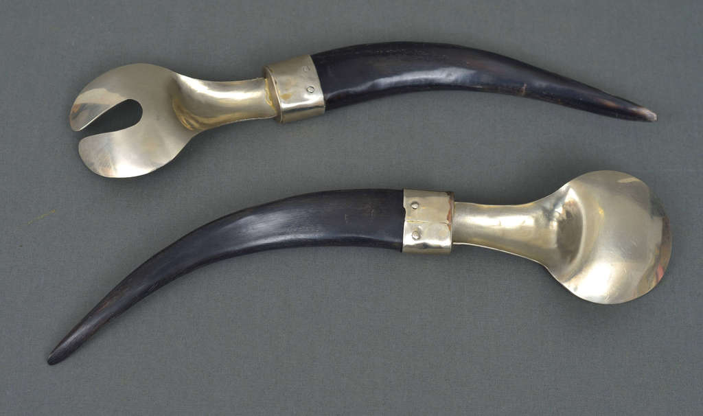 Cutlery set (fork and spoon, dish) with horn handle
