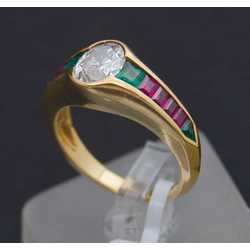 Gold ring with natural diamond, 4 natural emeralds