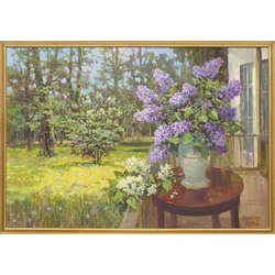 Vase of lilacs on a landscape background