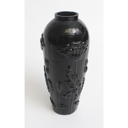 Art Nouveau black glass vase with poppies