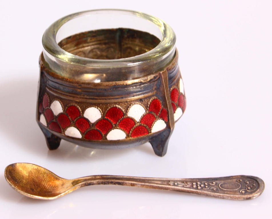 Glass spice dish with metal and enamel finish and a spoon