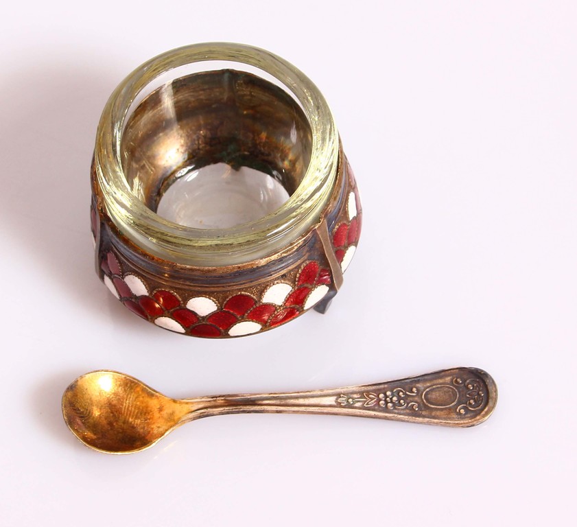 Glass spice dish with metal and enamel finish and a spoon