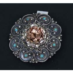 Silver Art Nouveau brooch / pendant with turquoise, marcasite crystals and gold