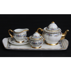 Miniature porcelain set - Jug, cream bowl, sugar bowl, tray and plate