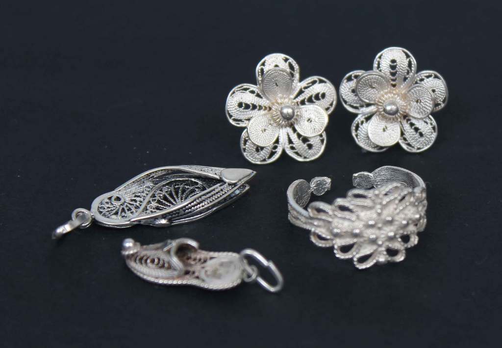Silver Art Nouveau earrings, ring and two pendants