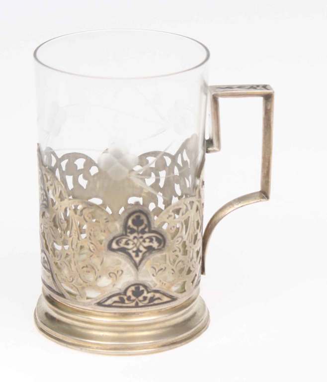 Silver tea cup holder with glass