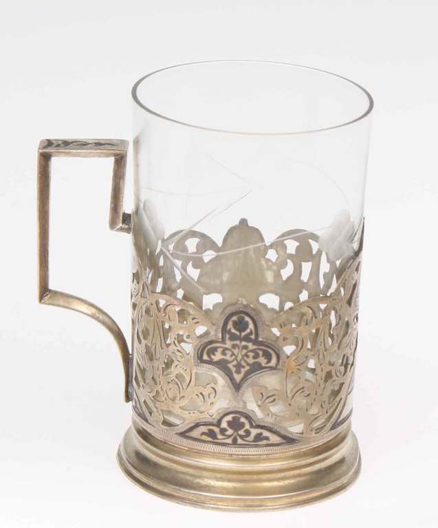 Silver tea cup holder with glass