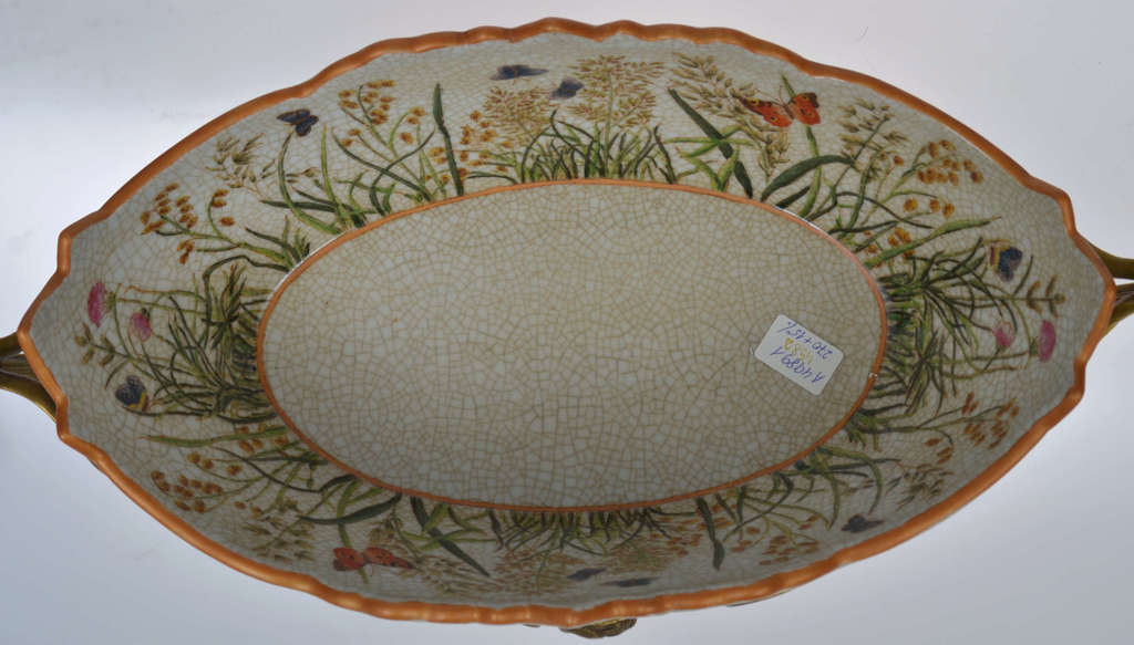 Faience Art Nouveau fruit bowl with bronze finish