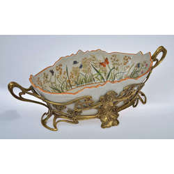 Faience Art Nouveau fruit bowl with bronze finish