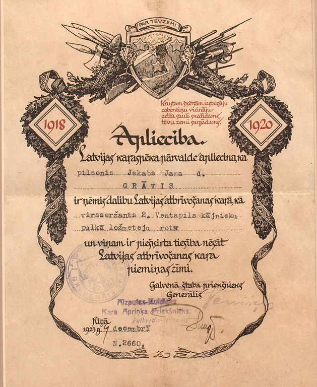 The Certificate for the Latvian war memorial sign