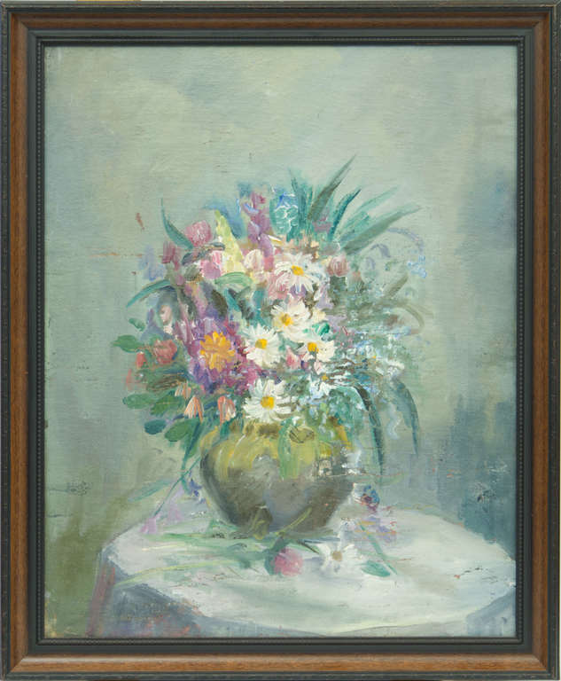 Divpusēja glezna. Klusā daba ar ziediem/ Pie galda