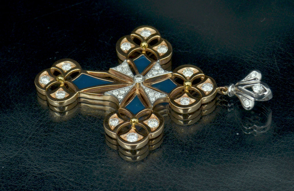 Gold pendant - cross with diamonds and enamel