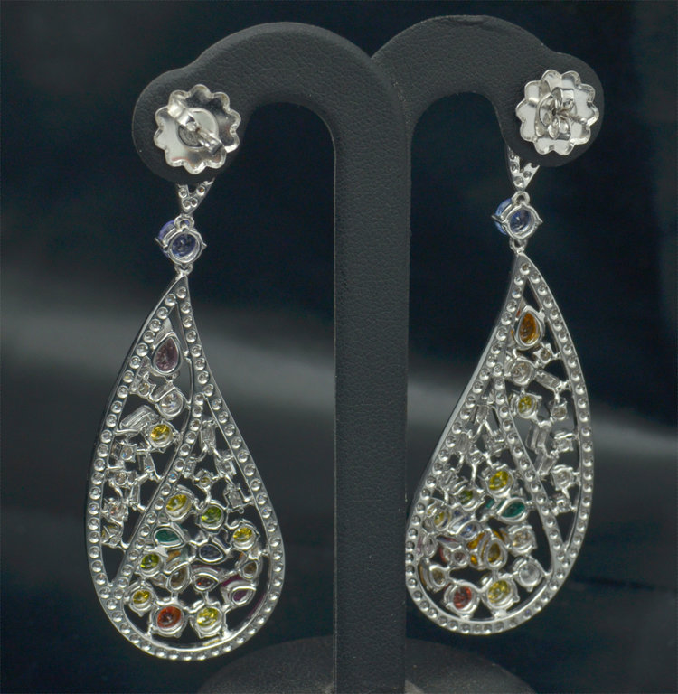 Gold earrings with diamonds, tanzanites, sapphires, rubies and emeralds