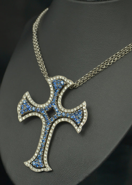 Gold necklace - cross with diamonds and sapphires
