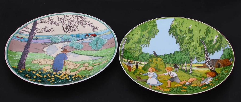 Divi porcelāna šķīvji ''Figurāla kompozīcija ar aitām'' un ''Bērni''