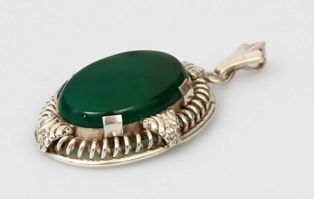 Silver Art Nouveau pendant with green agate?