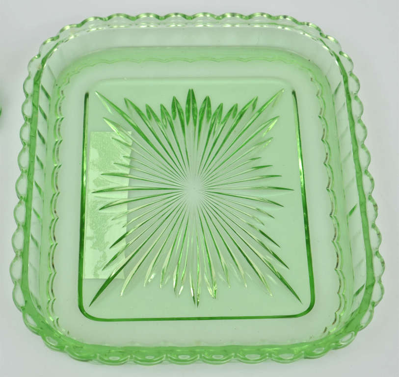 Green glass set - sugar bowl, tray and 2 pcs. dishes / candlesticks