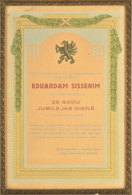 Diploma ''Eduardam Sissenim 25 gadu jubilejas dienā''
