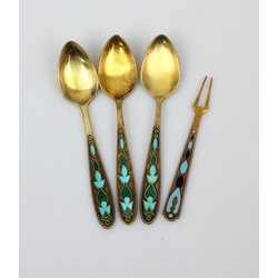 Silver spoons and fork with enamel