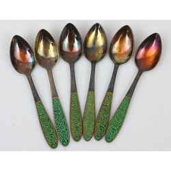 Silver spoons with green enamel